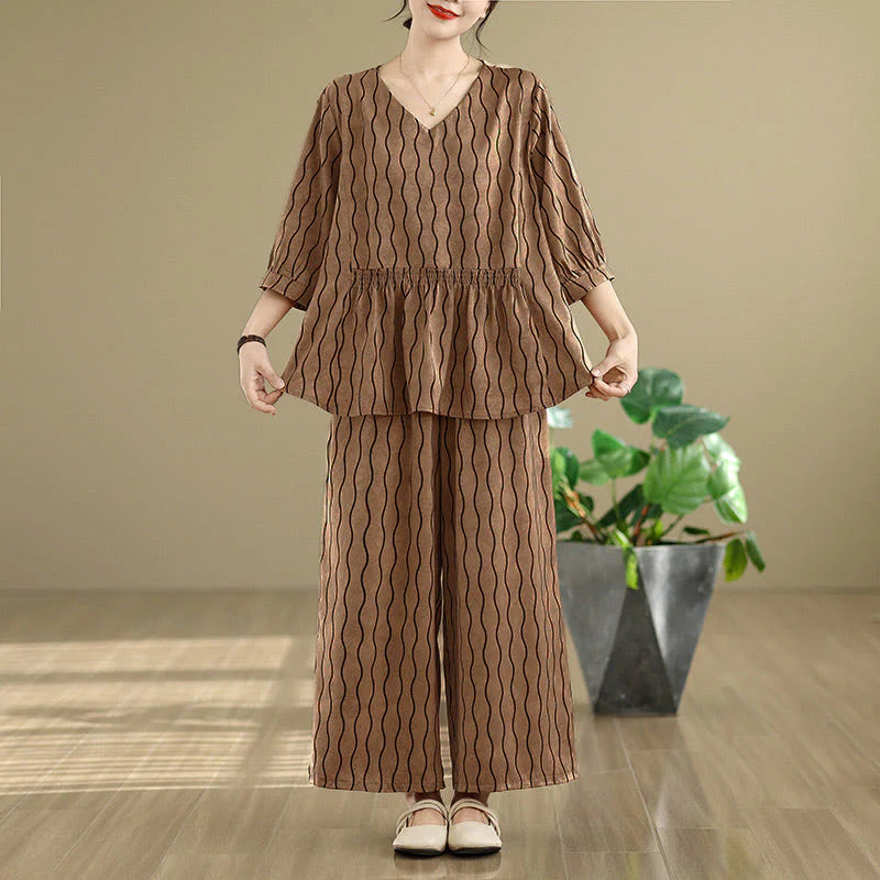 Buddha Stones 2pcs Striped Pattern Short Sleeve Shirt Polyester 7 Length Harem Pants Set With Pocket