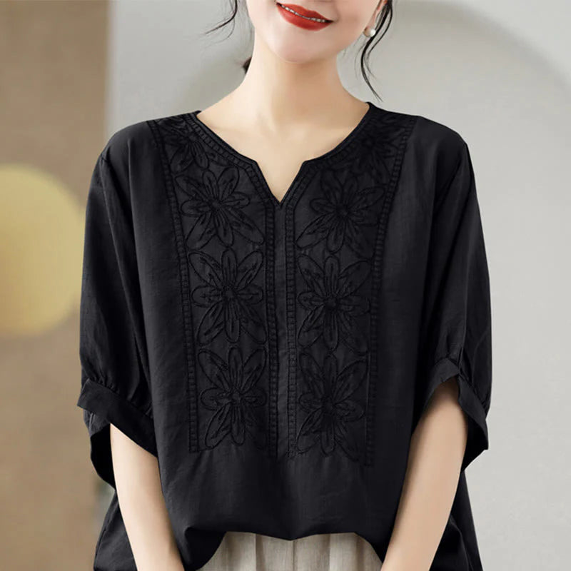 Buddha Stones Flower Embroidery Design Half Sleeve Cotton Linen T-shirt Tee