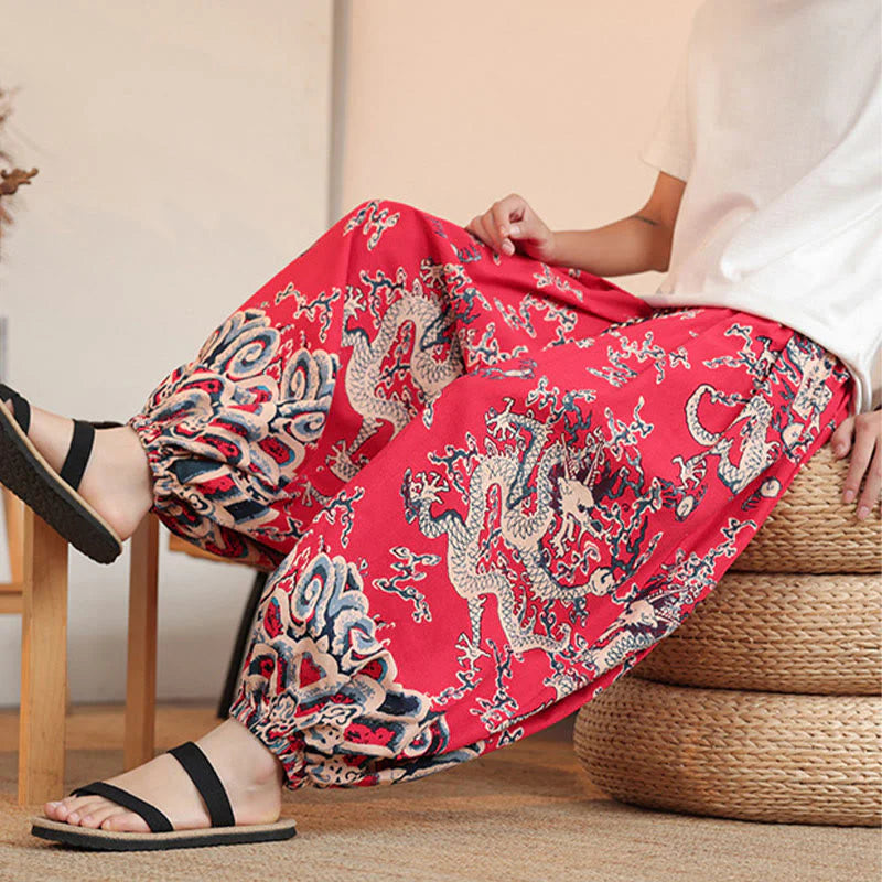 Buddha Stones Dragon Print Cotton Men's Harem Ankle-Length Pants With Pockets