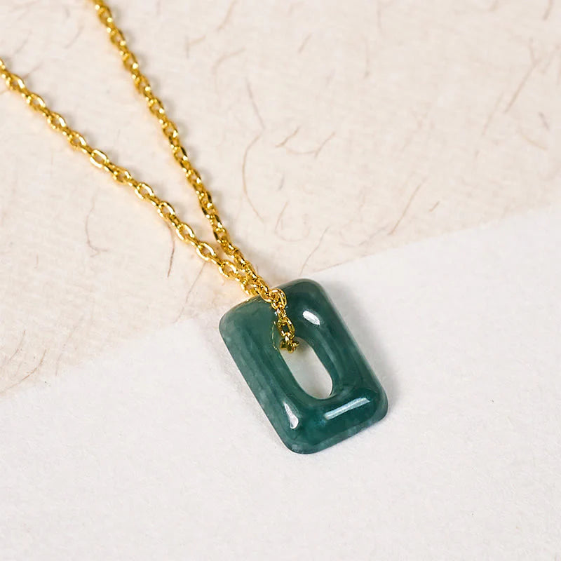Buddha Stones Mini Square Green Jade Abundance Necklace Pendant