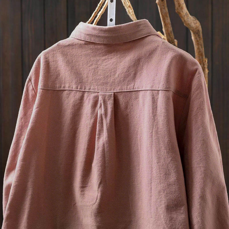 Buddha Stones Fall Solid Color Button Down Stand Collar Long Sleeve Women's Cotton Shirt