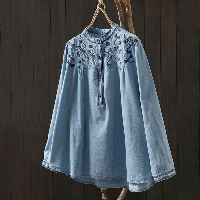 Buddha Stones Geometry Floral Embroidery Cotton Denim Half Buttons Long Sleeve Women's Shirt