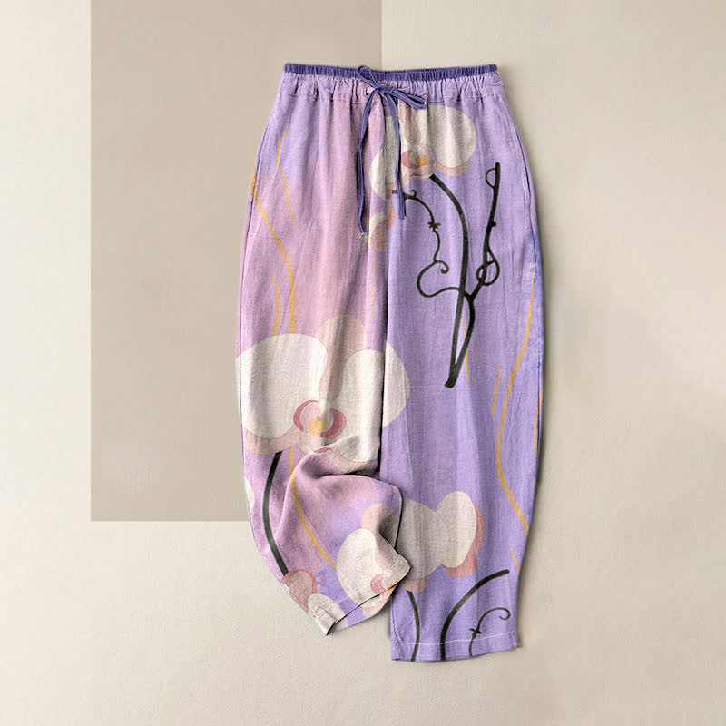 Buddha Stones Cotton Orchid Print Drawstring Women's Elastic Waist Pants With Pockets