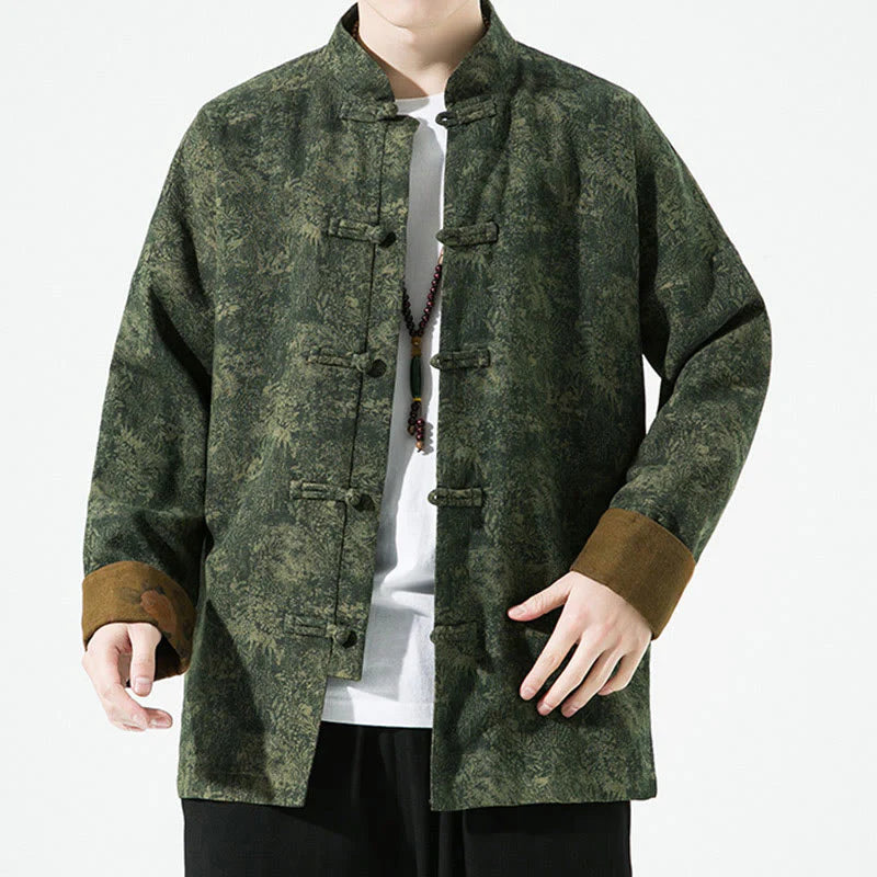 Buddha Stones Spring Printed Floral Pattern Men's Chinese Frog-button Long Sleeve Cotton Jacket