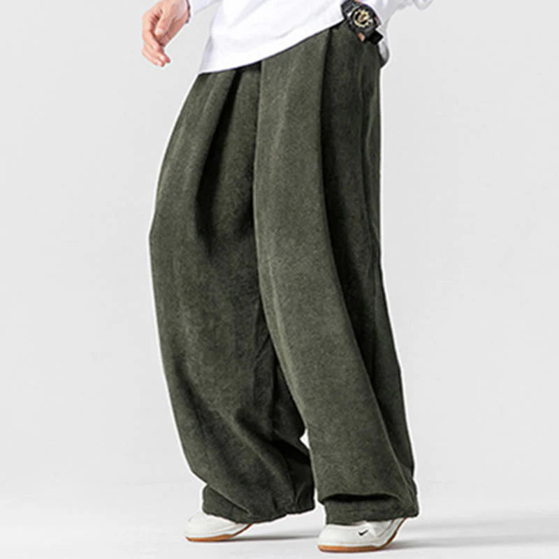 Buddha Stones Solid Color Cotton Corduroy Men's Wide Leg Pants With Pockets
