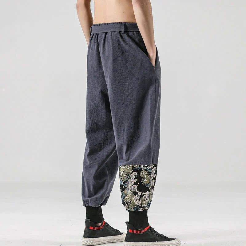 Buddha Stones Ocean Waves Lace-up Cotton Men's Harem Pants With Pockets