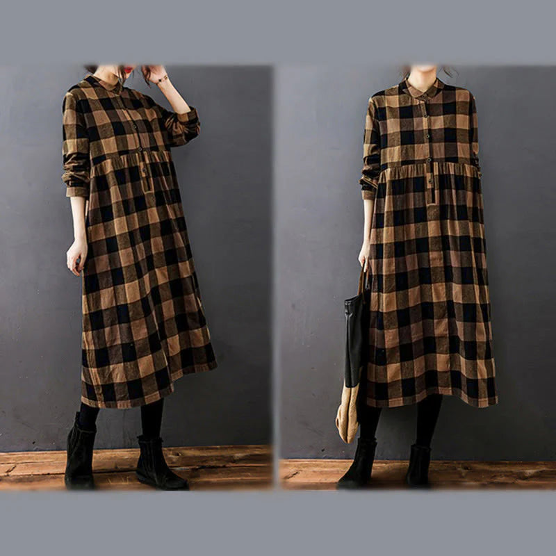 Buddha Stones Commute Patchwork Color Plaid Long Sleeve Cotton Midi Dress