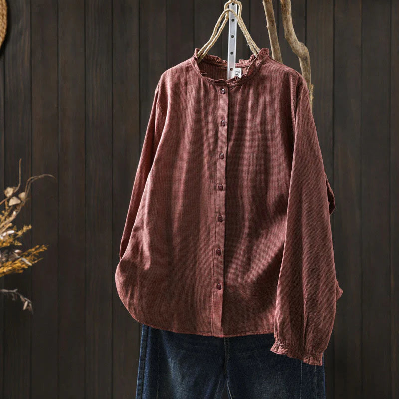 Buddha Stones Fall Small Plaid Button Down Ruffle Collar Long Sleeve Women's Cotton Shirt