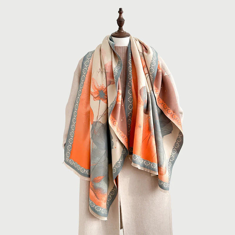 Buddha Stones Winter Ink Painting Lotus Flowers Leaves Pattern Soft Scarf Shawl