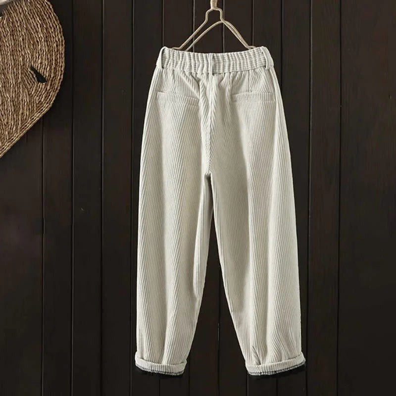 Buddha Stones Women's Winter Plain Corduroy Cotton High Waist Fleece-Lined Harem Pants With Pockets