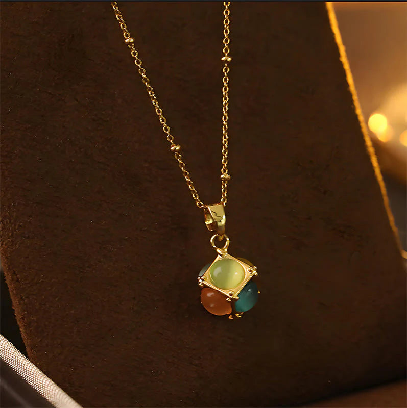 FREE Today: Support and Peace Multicolored Cat's Eye Inlaid Design Cube Necklace Pendant