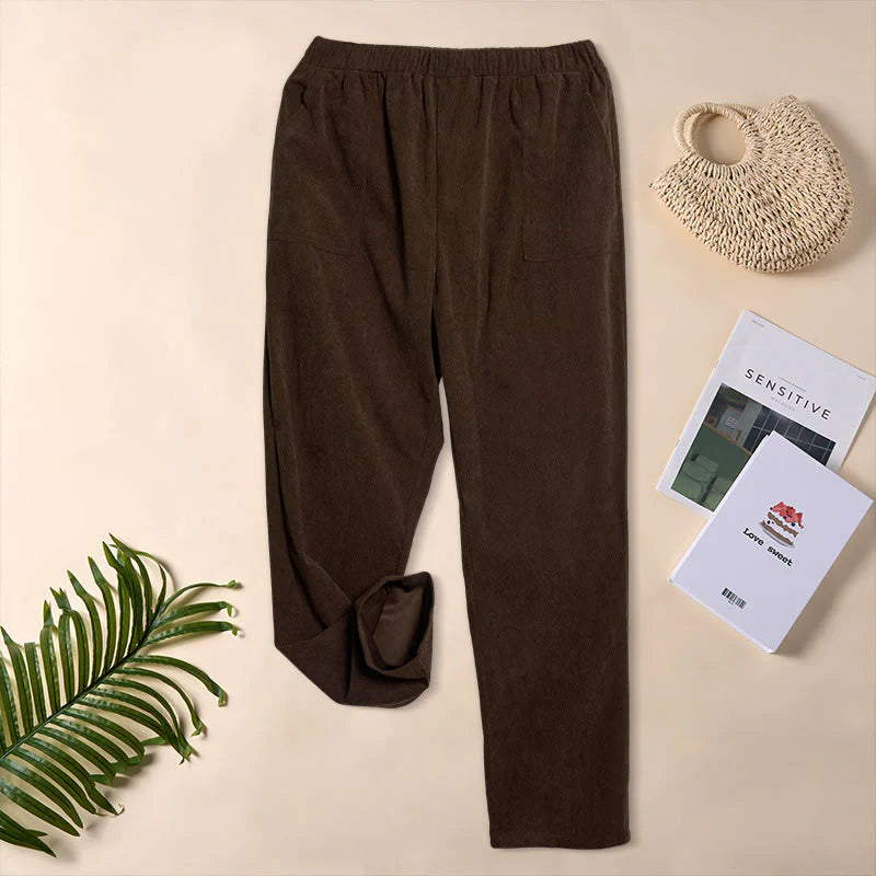 Buddha Stones Women's Commute Pure Color Corduroy Pants With Pockets