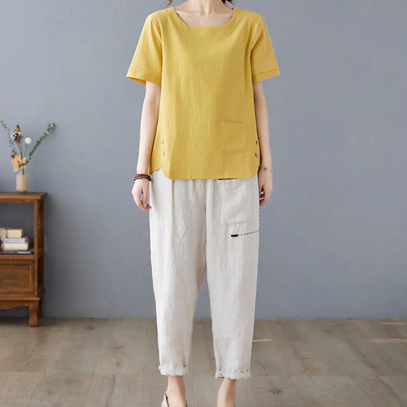 Buddha Stones Side Slit Design Women's Cotton Linen Crew Neck Short Sleeve T-Shirt Wtih Pocket