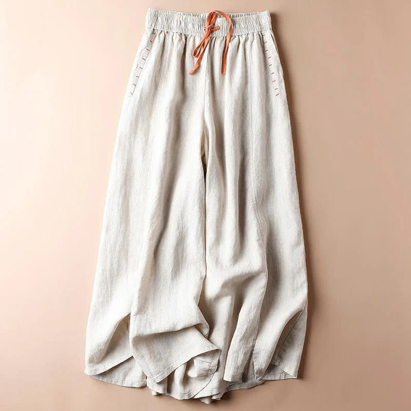 Buddha Stones Casual Cotton Slit Hem Women's 7-8 Length Wide Leg Pants With Pockets