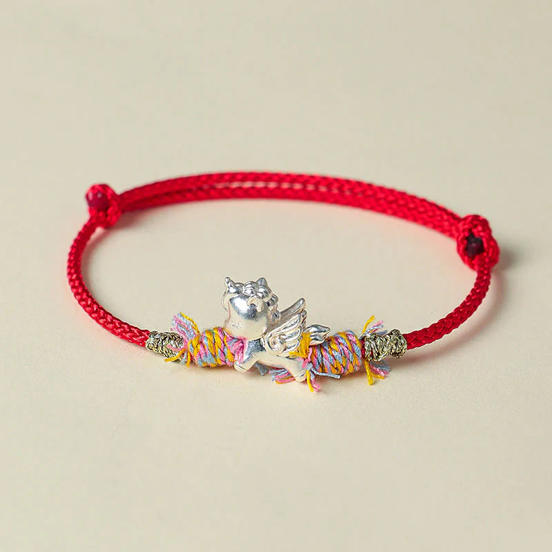 Buddha Stones Year of the Horse 999 Sterling Silver Winged Horse Fu Character Red String Luck Bracelet