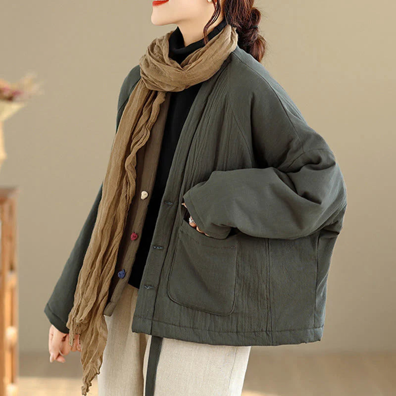 Buddha Stones Winter Long Sleeve Cotton Women's Thermal Jacket With Pockets