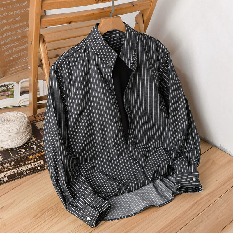 Buddha Stones Fall 2 In 1 Stripes Stand Collar Long Sleeve Men's Cotton Shirt