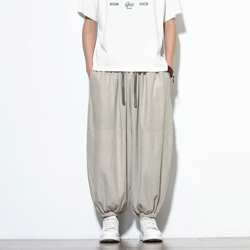 Buddha Stones Spring Solid Color Drawstring Cropped Men's Harem Cotton Pants With Pockets