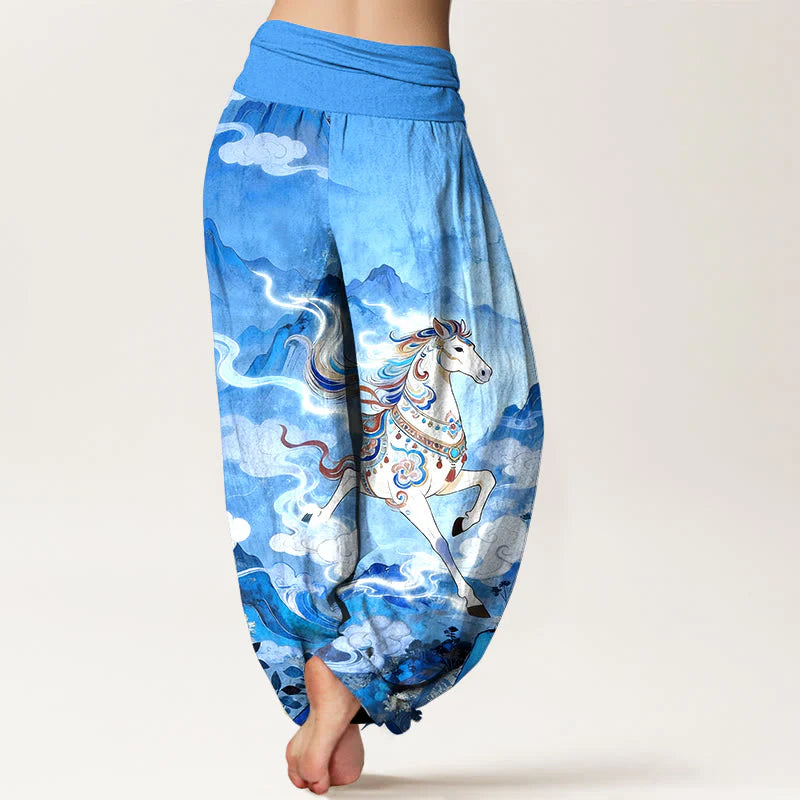 Buddha Stones Cotton Gorgeous Mountain Horse Cloud Pattern Women's Elastic Waist Harem Pants
