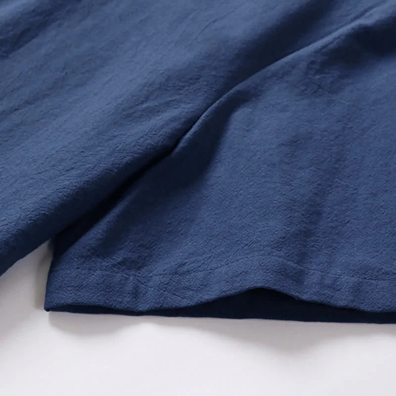 Buddha Stones Solid Color Frog-Button Short Sleeve Notched Collar Men's Cotton Linen T-Shirt