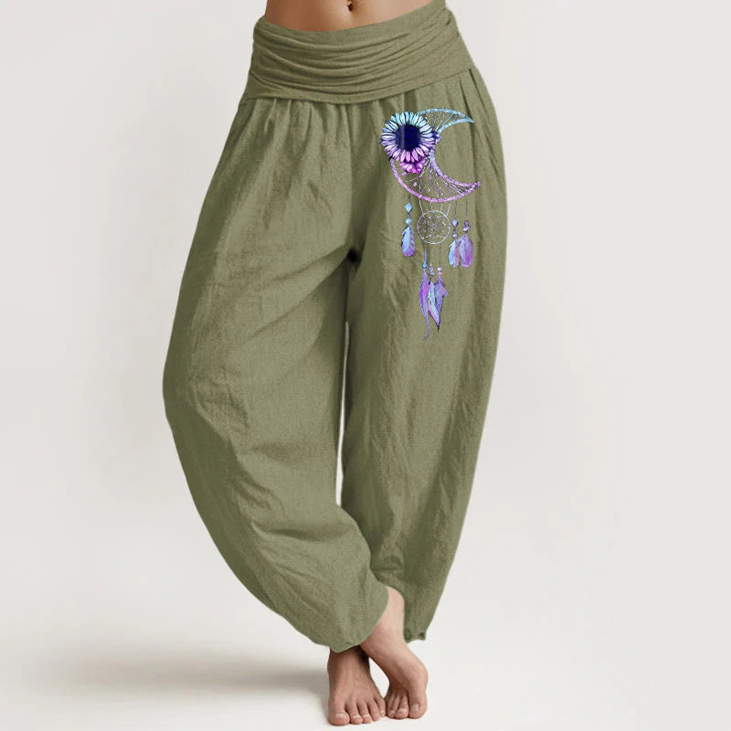 Buddha Stones Pure Cotton Elegant Moon Flower Feather Pattern Women's Elastic Waist Harem Pants