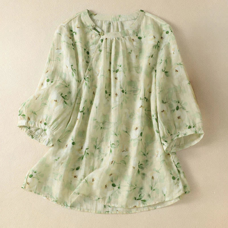 Buddha Stones Crew Neck Casual Frog-Button Floral Print Pattern Blouse Half Sleeve Women's Shirts