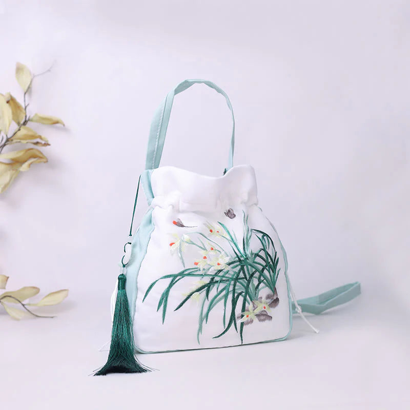 Buddha Stones Suzhou Embroidery Rabbit Lotus Epiphyllum Peony Magnolia Silk Tote Crossbody Bag Shoulder Bag Handbag