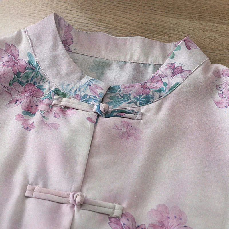 Buddha Stones Fall Purple Floral Green Leaves Print Frog-Button Stand Collar Long Sleeve Women's Cotton Shirt