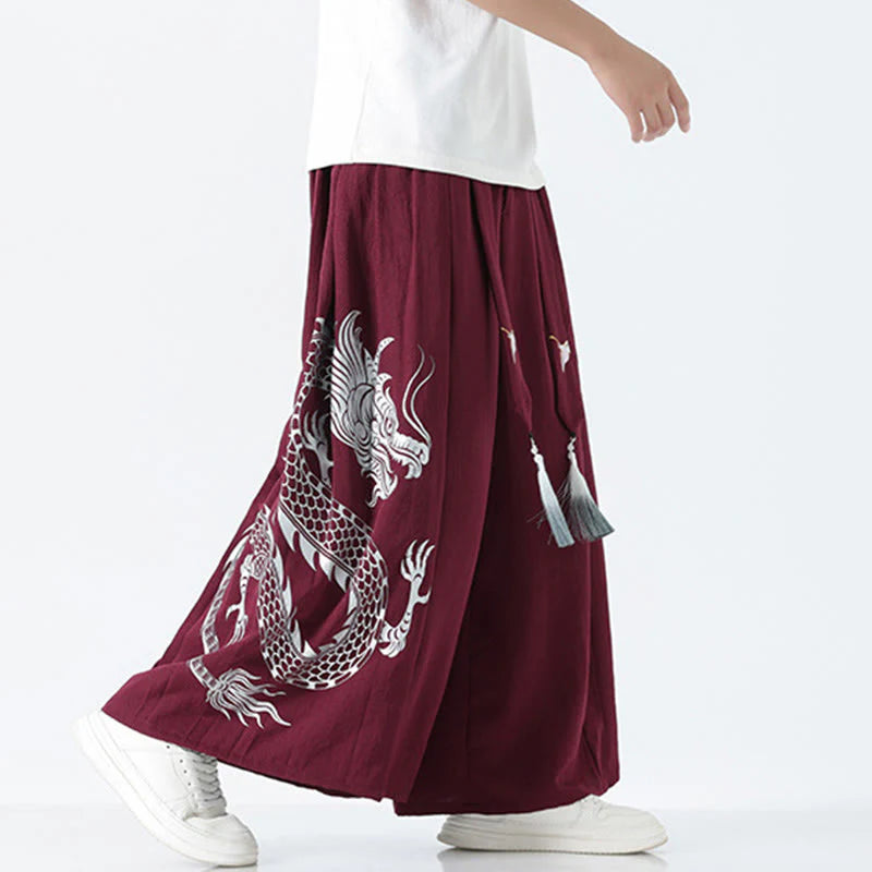 Buddha Stones Summer Dragon Drawstring Design Cotton Ankle-Length Men's Wide Leg Pants With Pockets