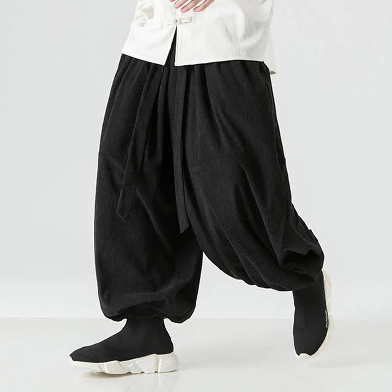 Buddha Stones Winter Solid Color Men's Harem Pure Cotton Corduroy Pants With Pockets