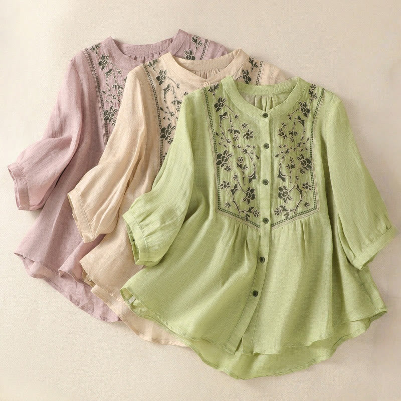 Buddha Stones Embroidery Single Breasted Women's Cotton Linen Three Quarter Sleeve Shirt