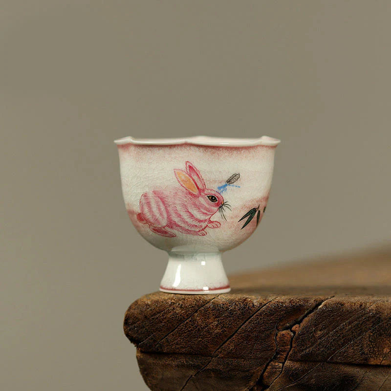 Buddha Stones Hand-painted Rabbit Orchid Flower Begonia Ceramic Teacup Kung Fu Tea Cup 75ml