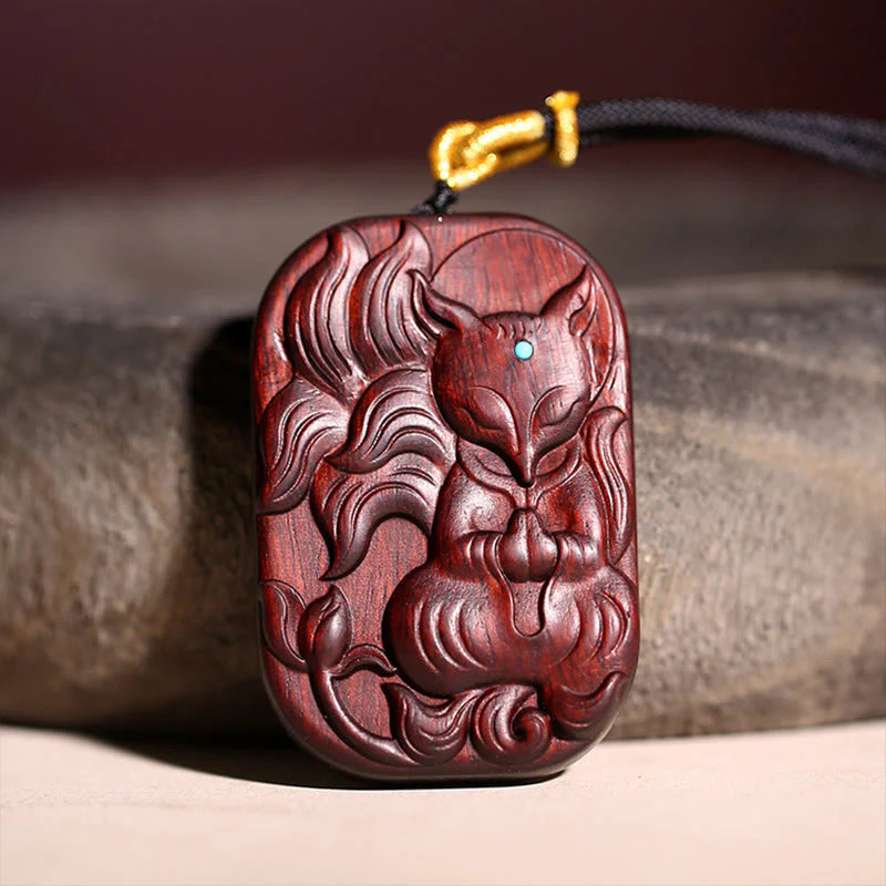 Buddha Stones Small Leaf Red Sandalwood Nine Tailed Fox Pattern Longevity Necklace Pendant (Extra 35% Off | USE CODE: FS35)