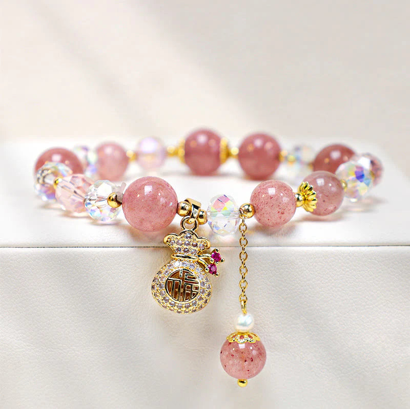 Buddha Stones Wishing Love and Sweet BlessingsStrawberry Quartz Bracelet Includes Gift Message Card