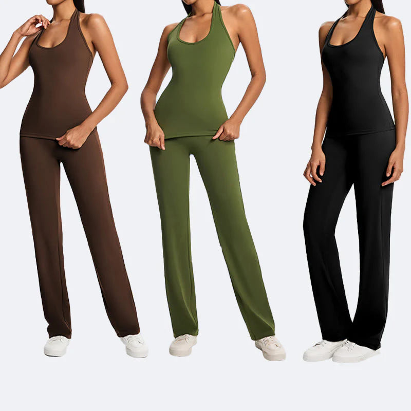 Buddha Stones Solid Crop Halter Backless Sleeveless Top Straight Leg Pants For Sports Fitness Yoga