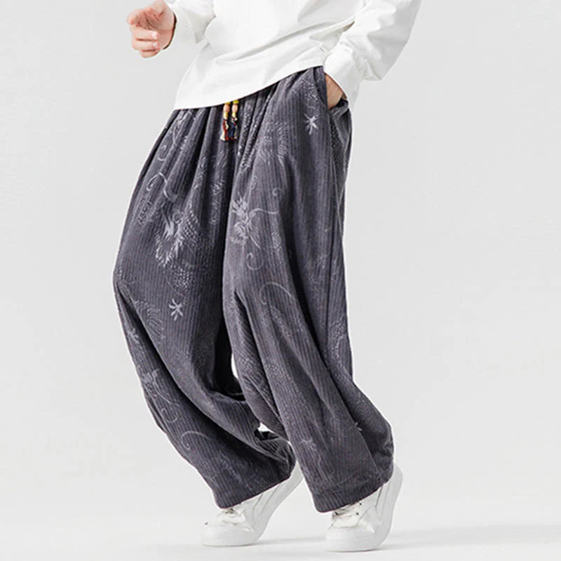 Buddha Stones Winter Dragon Phoenix Pattern Cotton Corduroy Men's Harem Pants With Pockets