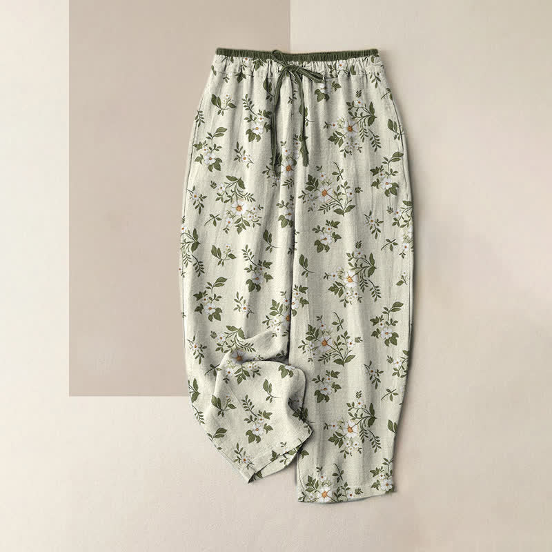 Buddha Stones Pure Cotton Ditsy Floral Elastic Waist Women's Pants With Pockets