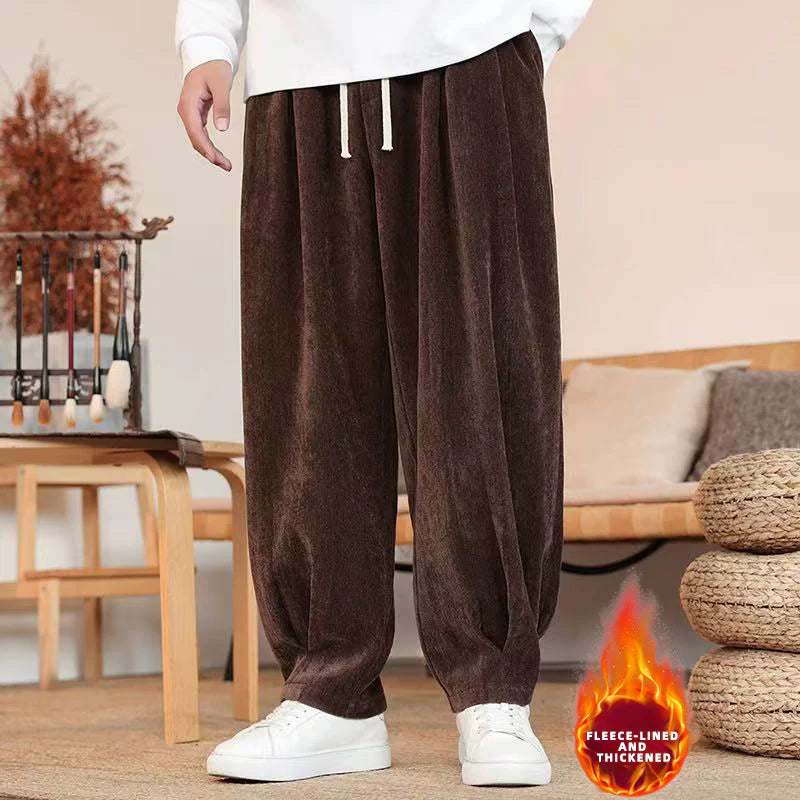 Buddha Stones Winter Pure Color Cotton Men's Harem Thickened Fleece-lined Pants With Pockets