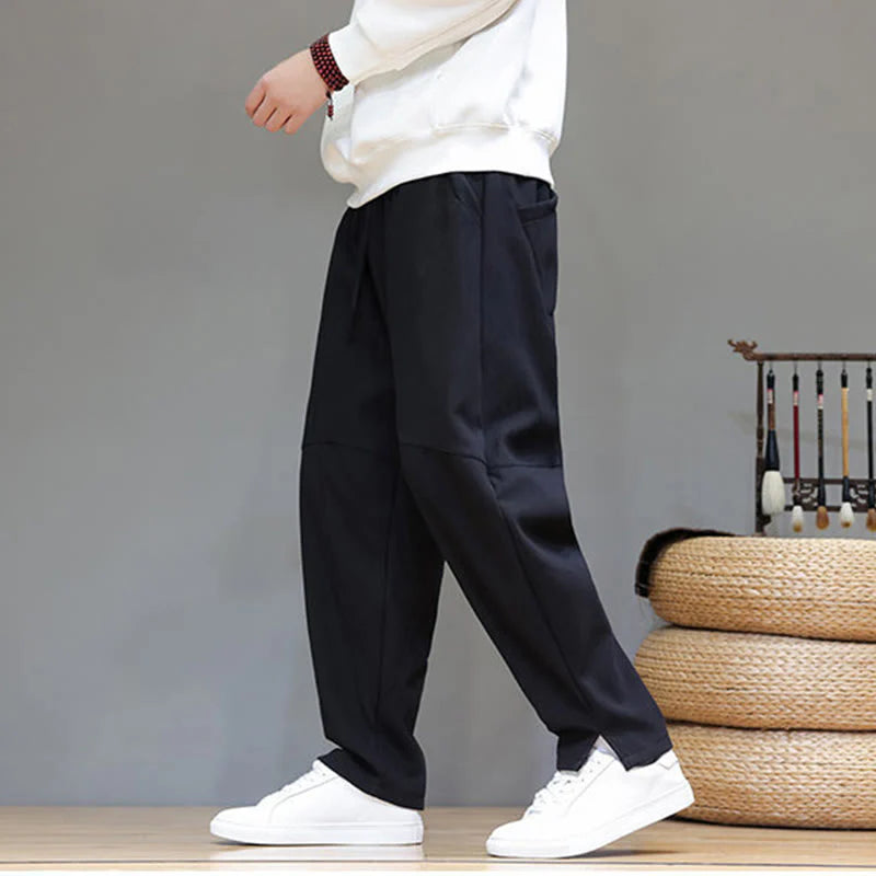 Buddha Stones Winter Solid Color Fleece-lined Men's Cotton Linen Pants With Pockets