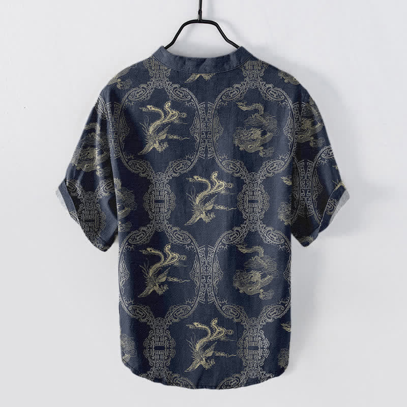 Buddha Stones Cotton Dragon Phoenix Emblem Men's Short Sleeve Half Button Shirt