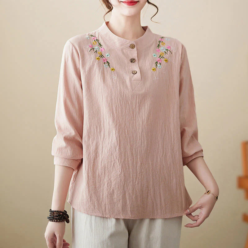 Buddha Stones Women's Spring Embroidered Flower Pattern Stand Collar Long Sleeve Cotton Shirt