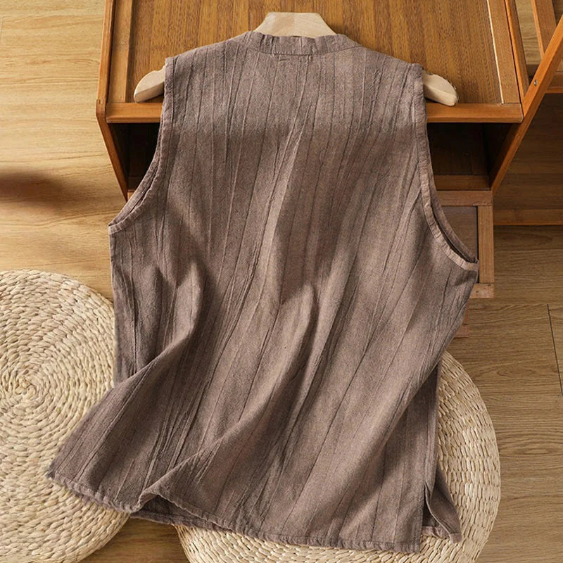 Buddha Stones Retro Frog-Button Design Women's Cotton Sleeveless Vest