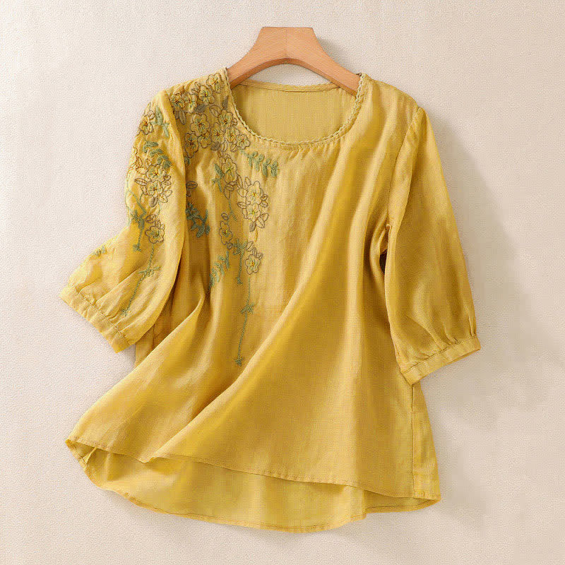 Buddha Stones Retro Embroidery Floral Pattern Short Sleeve Crew Neck Women's Shirt