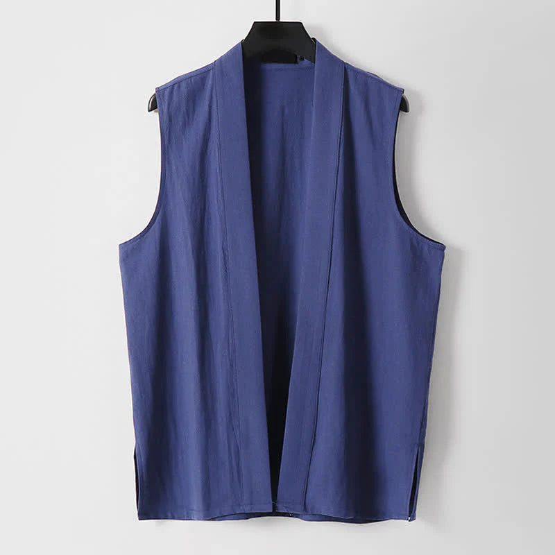 Buddha Stones Spring Pure Color Open Front Design Men's Cotton Linen Sleeveless Kimono