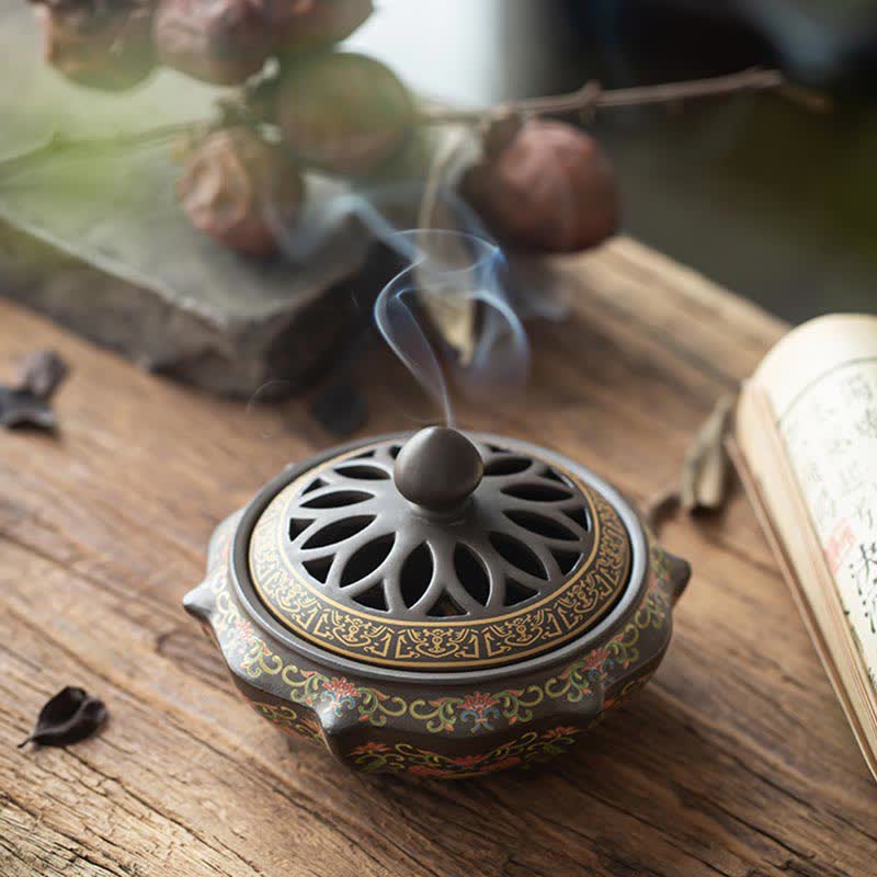 Buddha Stones Tibetan Floral Pattern Ceramic Blessing Incense Burner Decoration (Extra 35% Off | USE CODE: FS35)