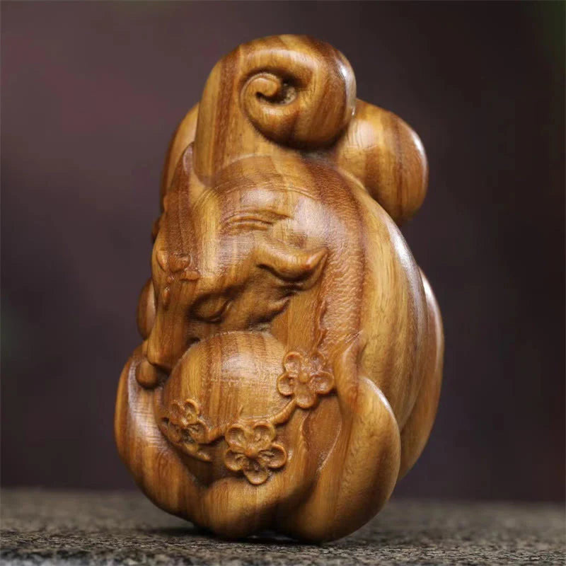 Buddha Stones Mini Nine Tailed Fox Green Sandalwood Peace Decoration Car Hanging Decoration