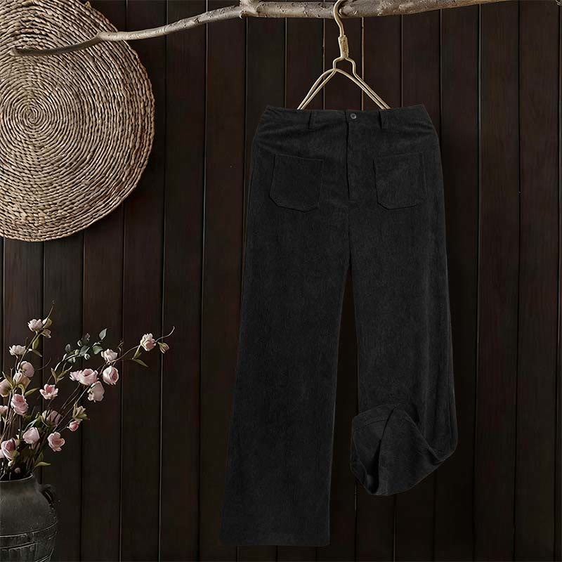Buddha Stones Plain Corduroy Polyester Women's Buttons Wide Leg Pants With Pockets