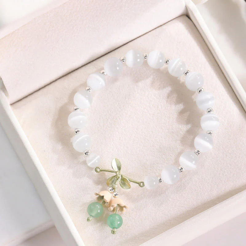 Buddha Stones Cat's Eye Green Aventurine Blue Chalcedony Pink Crystal Peace Orchid Charm Bracelet