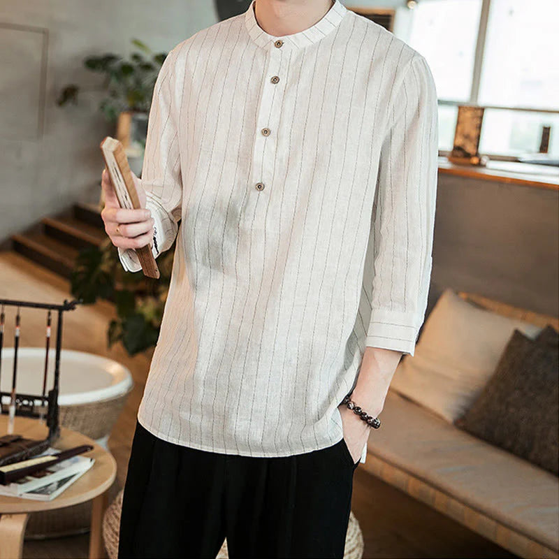 Buddha Stones Plaid Half Buttons Stand Collar Three Quarter Sleeve Cotton Men's Shirt