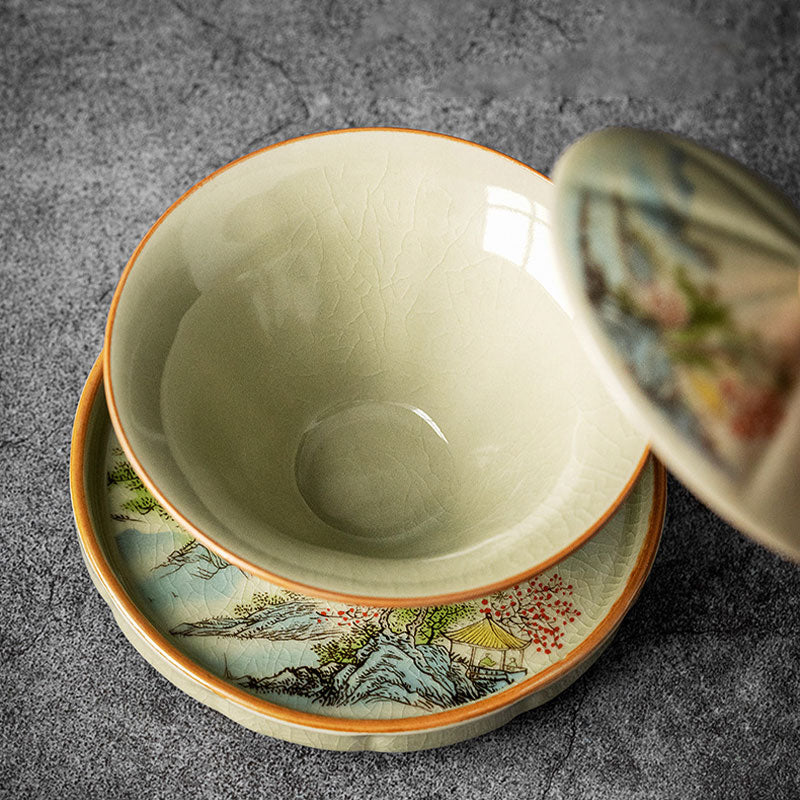 Buddha Stones Pine Mountain Forest Landscape Ceramic Gaiwan Sancai Teacup Kung Fu Tea Cup And Saucer With Lid (Extra 35% Off | USE CODE: FS35)